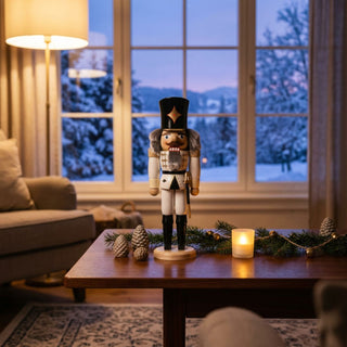 Nussknacker „Husar“ in weißer Uniform (29 cm) mit schwarzem Hut, grauem Bart und Säbel, steht auf einem Holztisch. Umgeben ist die Figur von einer Kerze, Tannenzweigen und Zapfen, vor einem großen Fenster mit verschneiter Winterlandschaft und gemütlichem Wohnzimmer im Hintergrund.