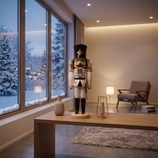 Nussknacker „Husar“ (36 cm) in Weiß mit Säbel, stehend auf einem Holzsockel, dekorativ auf einem Tisch in modernem Wohnraum vor großer Fensterfront mit winterlicher Schneelandschaft platziert.
