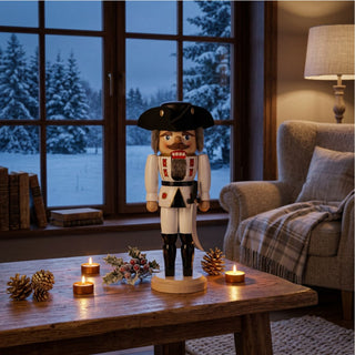 Nussknacker „General“ in weißer Uniform (29 cm) mit schwarzem Hut und Säbel, steht auf einem Holztisch. Umgeben von Kerzen, Zapfen und winterlicher Dekoration, vor einem großen Fenster mit verschneiter Landschaft in einem gemütlichen Wohnzimmer.