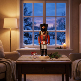 Nussknacker „Soldat“ in roter Uniform (36 cm) mit Gewehr, auf einem Tisch vor winterlichem Fenster und gemütlichem Wohnambiente.