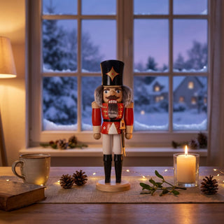 Nussknacker „Husar“ in roter Uniform (29 cm) mit schwarzem Hut, grauem Bart und Säbel, steht auf einem Holztisch. Umgeben von Kerze, Zapfen, Buch und Tasse, vor einem Fenster mit verschneiter Winterlandschaft in gemütlichem Wohnzimmerambiente.Geben Sie Ihr Feedback zu BizChat ab.