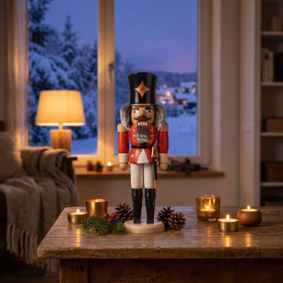 Nussknacker „Husar“ in roter Uniform (36 cm) auf einem Holztisch, umgeben von Kerzen, Tannenzweigen und Zapfen, vor winterlichem Fensterhintergrund.