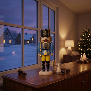 Nussknacker „König“ (36 cm) in Blau mit Krone und Zepter, stehend auf einem Holzsockel, dekorativ auf einer Kommode vor großer Fensterfront mit winterlicher Landschaft und Weihnachtsbeleuchtung platziert.