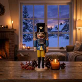 Nussknacker „Husar“ in blauer Uniform (29 cm) mit schwarzem Hut, gelber Hose und grauem Bart, steht auf einem Holztisch. Umgeben ist die Figur von einer brennenden Kerze, Tannenzapfen und Beerenzweigen. Im Hintergrund befindet sich ein gemütlich beleuchtetes Wohnzimmer mit Kamin und ein großes Fenster mit verschneiter Winterlandschaft.