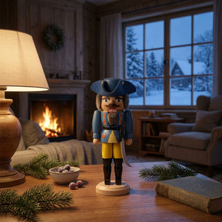 Nussknacker „General“ in blauer Uniform (29 cm) mit Hut und Säbel, steht auf einem Holztisch. Umgeben von Tannenzweigen und winterlicher Dekoration, vor einem gemütlichen Wohnzimmer mit Kamin und verschneiter Landschaft vor dem Fenster.