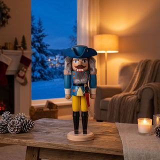 Nussknacker „General“ in blauer Uniform (36 cm) auf einem Tisch, mit Kerze und winterlichem Wohnambiente im Hintergrund.