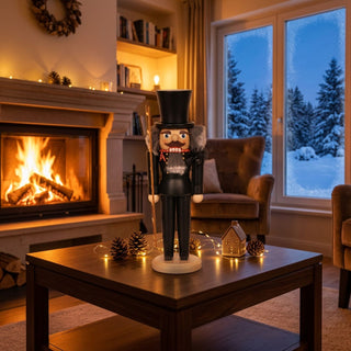 Nussknacker „Schornsteinfeger“ in schwarzer Kleidung (29 cm) mit Zylinder und Besen, auf einem Holztisch, umgeben von Lichterkette, Zapfen und Dekohaus, vor Kamin und winterlichem Fenster in gemütlicher Wohnzimmeratmosphäre.