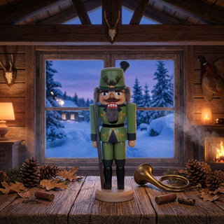 Nussknacker „Jäger“ (36 cm) in Grün mit Gewehr, stehend auf einem Holzsockel, dekorativ auf einem Tisch in einer rustikalen Hütte mit Kaminfeuer und winterlicher Schneelandschaft vor dem Fenster platziert.Geben Sie Ihr Feedback zu BizChat ab.