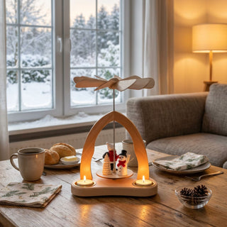 Weihnachtspyramide „Weihnachtsmann und Schneemann“ (farbig, 20 cm) für 3 Teelichte, mit drehendem Flügelrad und winterlicher Figurenszene, dekoriert auf einem gemütlichen Tisch vor verschneiter Fensterkulisse.