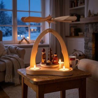 Weihnachtspyramide „Christi Geburt“ aus naturbelassenem Holz (20 cm) für 3 Teelichte, mit drehendem Flügelrad und Krippenszene, stimmungsvoll beleuchtet in einem gemütlichen Wohnzimmer.