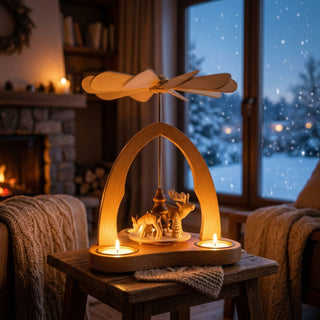 Weihnachtspyramide aus naturbelassenem Holz (23 cm) für 3 Teelichte, mit drehendem Flügelrad und geschnitzten Waldtieren, stimmungsvoll beleuchtet vor winterlicher Fensterkulisse mit Kamin.