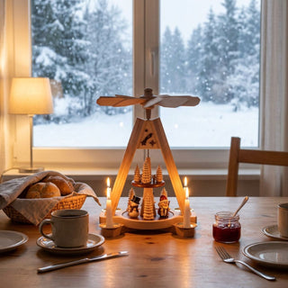 Weihnachtspyramide „Schneemann und Weihnachtsmann“ aus naturbelassenem Holz (24 cm) mit Teelichtern, drehendem Flügelrad und winterlicher Figurenszene, stimmungsvoll dekoriert auf einem gedeckten Tisch vor verschneiter Winterkulisse.