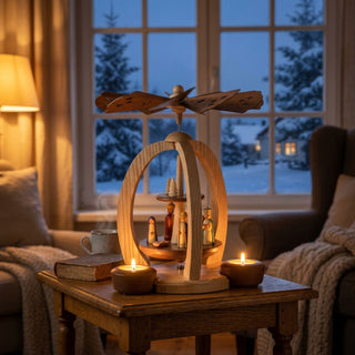 Weihnachtspyramide „Christi Geburt“ aus naturbelassenem Holz (29 cm) mit Teelichtern, drehender Flügelrad-Konstruktion und Krippenszene im Inneren, stimmungsvoll beleuchtet in einem winterlichen Wohnzimmer.
