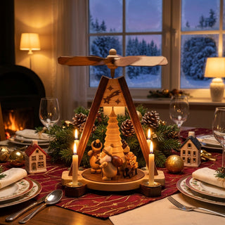 Weihnachtspyramide „Weihnachtsmann“, 30 cm groß, aus naturbelassenem Holz mit dunklen Akzenten, mit drehbarer Plattform und liebevoll gestalteten Weihnachtsmann‑Figuren um einen stilisierten Tannenbaum, vier Kerzenhaltern und Flügelrad, stimmungsvoll dekoriert auf einem festlich gedeckten Tisch vor winterlicher Fensterkulisse und Kamin.