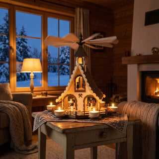 Weihnachtspyramide „Bergmänner“, 47 cm groß, aus naturbelassenem Holz mit dunklen Akzenten, in Form eines Hauses mit detailreichen Bergmann‑Figuren im Inneren, umlaufenden Haltern für 6 Teelichte und großem Flügelrad, stimmungsvoll beleuchtet auf einem Tisch in gemütlichem Wohnambiente vor winterlicher Fensterkulisse.