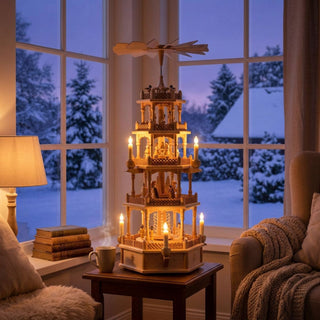 XL Weihnachtspyramide „Weihnachtsgeschichte“, 75 cm hoch, aus hellem Holz, mehrstöckig mit detailreichen Figuren der Weihnachtsgeschichte, Kerzenhaltern und rotierendem Flügelrad mit Motor, stimmungsvoll beleuchtet auf einem Tisch vor verschneiter Fensterkulisse in gemütlichem Wohnambiente.