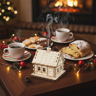 Räuchermännchen „Räucherhaus Mini“ (9 cm), naturbelassen gestaltet als kleines Fachwerkhaus mit detailreichen Fenstern und Tür, rauchend auf einem Tisch zwischen Kaffee, Gebäck und weihnachtlicher Dekoration in gemütlicher Wohnatmosphäre platziert.