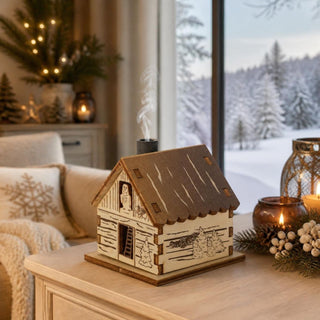 Räucherhaus „Drei Haselnüsse für Aschenbrödel®“ aus hellem Holz in detailreicher Blockhütten-Optik. Das kleine Häuschen zeigt winterliche Motive aus dem Märchenfilm mit der Eule Rosalie, verschneiten Tannen und rustikalen Holzelementen. Beim Räuchern steigt der Rauch stimmungsvoll aus dem Schornstein auf und sorgt für eine gemütliche Winteratmosphäre. Höhe 7 cm.
