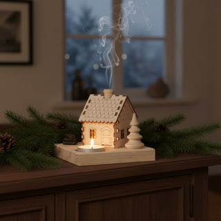 Kerzenhalter für 1 Teelicht mit Räucherhaus, 10 cm, aus naturbelassenem Holz mit detailreich gestaltetem kleinen Haus inklusive Schornstein, dekorativ auf einem Holzsideboard mit Tannenzweigen und Zapfen platziert, vor einem Fenster mit winterlicher Landschaft, während Rauch aus dem Schornstein aufsteigt und ein Teelicht für warmes Licht sorgt.