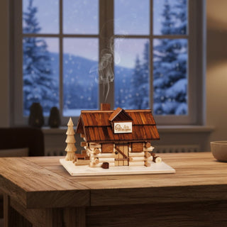 Räuchermännchen „Köhlerhütte“ (13 cm), naturbelassen gestaltet als detailreiche Holzhütte mit Holzstapel und kleiner Tanne, rauchend auf einem Tisch in gemütlicher Wohnatmosphäre vor winterlicher Fensterkulisse dekoriert.Geben Sie Ihr Feedback zu BizChat ab.