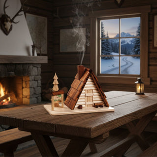Räuchermännchen „Skihütte“ (13 cm), naturbelassen gestaltet als detailreiche Berghütte mit Holzschindeldach und kleiner Tanne, rauchend auf einem Tisch in uriger Hüttenatmosphäre mit Kaminfeuer und winterlicher Berglandschaft vor dem Fenster dekoriert.