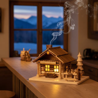 Räucherhaus „Zur Wilden Sau“ (15 cm), naturbelassen gestaltet als detailreiche Holzhütte mit Holzstapel, Zaun und Tanne, rauchend mit warm beleuchteten Fenstern auf einem Tisch in gemütlicher Wohnatmosphäre vor winterlicher Berglandschaft dekoriert.