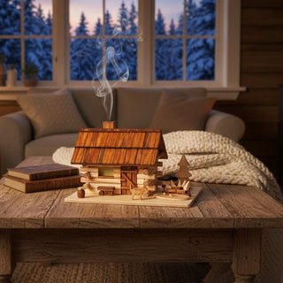 Räuchermännchen „Blockhaus“ (11 cm), naturbelassen gestaltet als rustikale Holzhütte mit Schindeldach, Holzdetails und kleiner Tanne, rauchend auf einem Tisch in gemütlicher Wohnatmosphäre vor Sofa, Kaminfeuer und winterlicher Aussicht dekoriert.