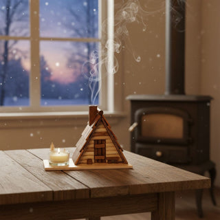 Räuchermännchen „Schutzhütte“ (12 cm), naturbelassen gestaltet als kleine Holzhütte mit detailreichem Dach und integriertem Teelichthalter, rauchend auf einem Tisch in gemütlicher Wohnatmosphäre vor Ofen und winterlicher Fensterkulisse 