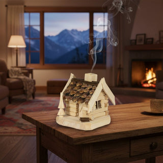 Räuchermännchen „Holzhütte“ (9 cm), naturbelassen gestaltet als kleine rustikale Hütte mit Schindeldach und Tanne, rauchend auf einem Tisch in gemütlicher Wohnatmosphäre vor Kamin und Berglandschaft im Fenster dekoriert.Geben Sie Ihr Feedback zu BizChat ab.