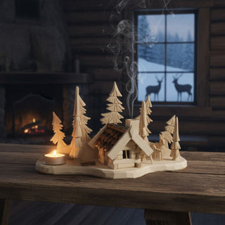 Räuchermännchen „Waldhütte“ (13 cm), naturbelassen gestaltet mit detailreicher Holzhütte, Tannen und Hirsch, integrierter Teelichthalter, rauchend auf einem Tisch in gemütlicher Hüttenatmosphäre mit Kaminfeuer und winterlicher Schneelandschaft vor dem Fenster dekoriert.