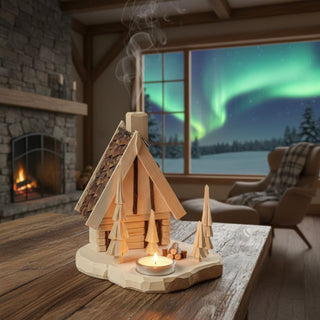 Räuchermännchen „Finnhütte“ mit Teelichthalter (20 cm), naturbelassen gestaltet als detailreiche A‑Frame‑Holzhütte mit kleinen Tannen und Holzdetails, rauchend auf einem Tisch in gemütlicher Wohnatmosphäre vor Kamin und winterlicher Landschaft mit Polarlichtern dekoriert.
