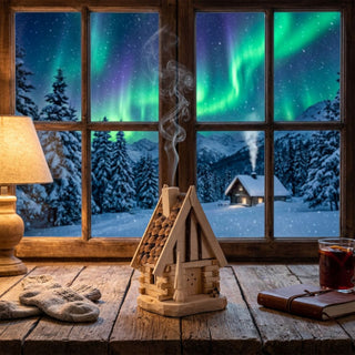 Räuchermännchen „Finnhütte“ (18 cm), naturbelassen gestaltet als detailreiche A‑Frame‑Holzhütte mit Schindeldach, rauchend auf einem Tisch in gemütlicher Wohnatmosphäre vor verschneiter Winterlandschaft mit Polarlichtern im Hintergrund dekoriert.