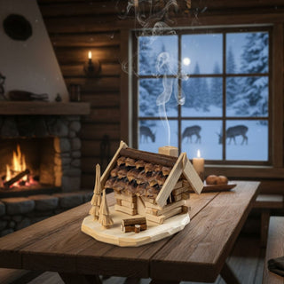 Räuchermännchen „Hütte Forsthaus“ (10 cm), naturbelassen gestaltet als kleine Holzhütte mit detailreichem Dach, rauchend auf einem Tisch in gemütlicher Hüttenatmosphäre mit Kaminfeuer, Kerzenlicht und winterlicher Schneelandschaft vor dem Fenster dekoriert.