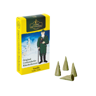 Räucherkerzen „Vanille“, 24 Stück, in gelb gestalteter Verpackung mit winterlichem Motiv und Sicht auf mehrere grüne Räucherkegel.