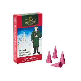 Räucherkerzen „Kaminzauber“, 24 Stück, in rot gestalteter Verpackung mit winterlichem Motiv und abgebildeten Räucherkegeln.