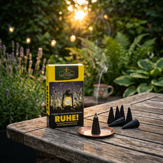 Räucherkerzen „Ruhe!“ (24 Stück), schwarze Duftkegel neben Verpackung mit Aufschrift „RUHE!“. Eine Räucherkerze raucht auf einem kleinen Teller, arrangiert auf einem Holztisch im Garten mit Lichterkette und Pflanzen im Hintergrund bei warmem Abendlicht.