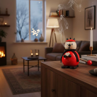 Räuchermännchen „Teufel“ (12 cm), farbig gestaltet in Rot und Schwarz mit Hörnern und Umhang, rauchend auf einem Tisch in gemütlicher Wohnatmosphäre mit Kerzenlicht und winterlicher Fensterkulisse dekoriert.