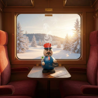 Räuchermännchen „Schaffner“ (17 cm), farbig gestaltet mit Uniform, Mütze und Kelle sowie Fahrkarte in der Hand, rauchend auf einem Tisch im Zugabteil vor verschneiter Winterlandschaft dekoriert.