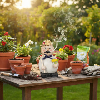 Räuchermännchen „Gärtner“ (12 cm), farbig gestaltet mit Strohhut, Werkzeug und Blumen, rauchend auf einem Gartentisch zwischen Blumentöpfen und Gartenutensilien im grünen Außenbereich dekoriert.Geben Sie Ihr Feedback zu BizChat ab.