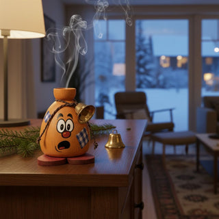 Räuchermännchen „Quatsch‑Sack“ (9 cm), farbig gestaltet mit überrascht wirkendem Gesicht und kleiner Glocke, rauchend auf einem Tisch in gemütlicher Wohnatmosphäre vor winterlicher Fensterkulisse dekoriert.