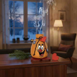 Räuchermännchen „Lach‑Sack“ (9 cm), farbig gestaltet mit fröhlichem Gesicht und Herzdetail, rauchend auf einem Tisch in gemütlicher Wohnatmosphäre vor winterlicher Fensterkulisse dekoriert.