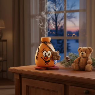Räuchermännchen „Alter‑Sack“ (9 cm), farbig gestaltet mit lachendem Gesicht und kleinem Teddybär, rauchend auf einem Tisch in gemütlicher Wohnatmosphäre vor winterlicher Fensterkulisse dekoriert.Geben Sie Ihr Feedback zu BizChat ab.