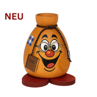 Farbiges Räuchermännchen „Schlaumeier‑Sack“ aus Holz, mit aufgemalter Brille und fröhlichem Gesicht, Kordelband, kleinem Holzanhänger und roten Standfüßen; 9 cm groß.
