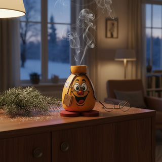 Räuchermännchen „Schlaumeier‑Sack“ (9 cm), farbig gestaltet mit Brille und Buch, rauchend auf einer Kommode in gemütlicher Wohnatmosphäre vor winterlicher Fensterkulisse dekoriert.