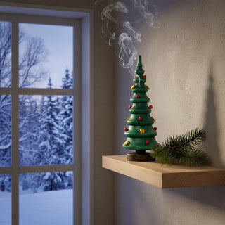 Räuchermännchen „Weihnachtsbaum“ (15 cm), farbig gestaltet als geschmückte Tanne mit kleinen Kugeln und Sternen, rauchend auf einem Regal vor winterlicher Fensterkulisse dekoriert.