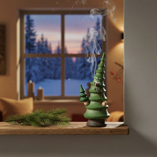 Räuchermännchen „Sturmfichtl“ (15 cm), farbig gestaltet als kleine Tanne mit Gesicht, rauchend auf einer Fensterbank vor winterlicher Abendkulisse dekoriert.