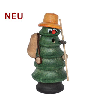 Farbig gestaltetes Räuchermännchen „Baum‑Wanderer“ in Tannenform, mit Hut, Rucksack und Wanderstab; inklusive 5 Räucherkerzen, 15 cm hoch.