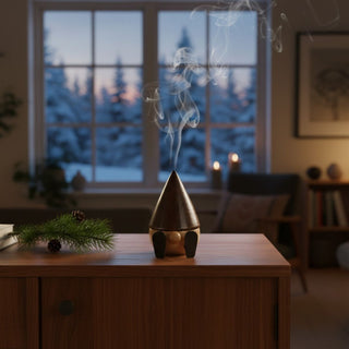 Räuchermännchen „Zwerg Ulli“ (10 cm), naturbelassen mit dunkler spitzer Mütze und schlichten Holzdetails, rauchend auf einem Tisch vor gemütlicher Wohnatmosphäre mit winterlicher Fensterkulisse dekoriert.