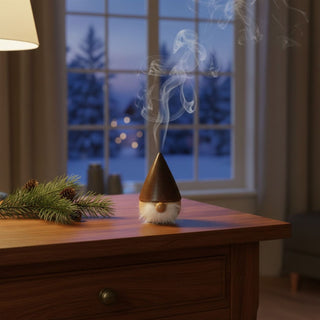 Räuchermännchen „Zwerg Diddi“ (10 cm), naturbelassen mit dunkler spitzer Mütze und weißem Bart, rauchend auf einem Tisch vor winterlicher Fensterkulisse dekoriert.