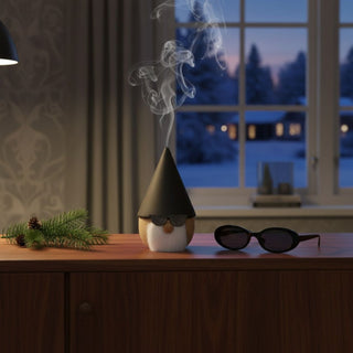 Räuchermännchen „Räucherzwerg Rocker“ (12 cm), farbig gestaltet mit schwarzer Mütze, Sonnenbrille und Bart, rauchend auf einem Tisch in gemütlicher Wohnatmosphäre vor winterlicher Fensterkulisse dekoriert.